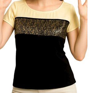 Next with Love Black Gold Sequin Blouse Festive Short Sleeve Top Medium